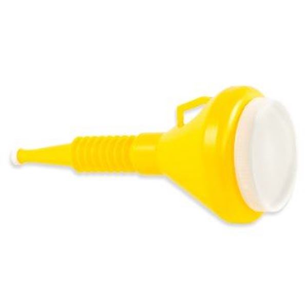 Picture of Funnel; Round; 14-1/4 Inch Height x 4 Inch Top Diameter; 3/4 Inch Spout Outside Diameter; 1.5 Quart Capacity; Yellow; Polyethylene; With Cap Part# 51278 32135 