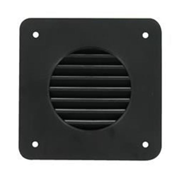 Picture of Battery Box Vent; Use To Direct Battery Box Fumes Outside For Safety; Louvered Vent Cover; 4-1/4 Inch Length x 4-1/4 Inch Width Outside Dimension; Accommodates 1-3/4 Inch Hose; Black; Plastic Part# 19-1695   A10-3300BK