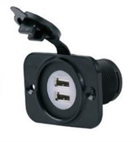 Picture of Power Port Socket; SEALINK ®; 12 To 24 Volt Receptacle; Non Ground Fault Interrupter; Dual Receptacle; Black; With Insulated Terminals Part# 20-7080   12VDUSBRV