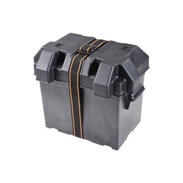 Picture of Battery Box; Fits 6 Volt Golf Cart Battery; Strap Style Box; Black; Polypropylene; Vented; With Box/ Lid/ Strap/ Mounting Brackets/ Stainless Screws Part# 06-0581   13228