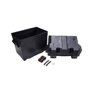 Picture of Battery Box; Fits Group 24 Batteries; Strap Style Box; Black; Polypropylene; Vented; With Box/ Lid/ Strap/ Mounting Brackets/ Stainless Screws Part# 06-0570   13034