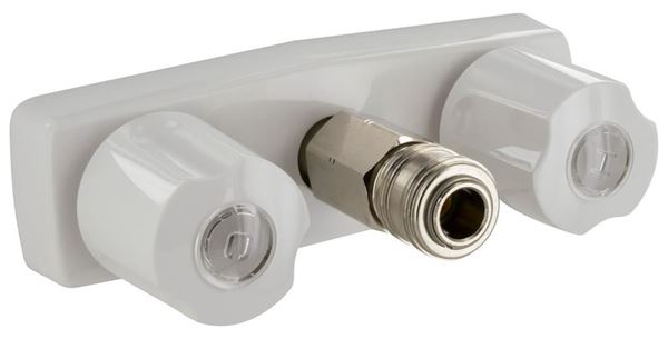 Picture of Exterior Spray Port; Faucet Type With Hot/ Cold Outlet And Quick Connect Valve; 4 Inch Center; 2 White Knob Handle; Plastic Compression Valve; White Part# 10-0134 PF21347I 