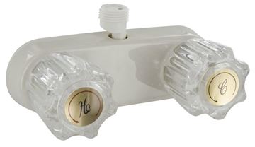 Picture of Shower Control Valve; 2 Valve; Single Piece Wall Mount; 1/4 Turn Washerless Valve; 4 Inch Center Distance; 2 Hole Application; 2 Clear Crystal Acrylic Knob Handle; White Part# 69-9477 PF223242