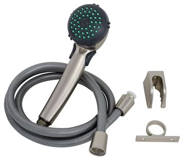 Picture of Shower Head; Hand-Held With 60 Inch Vinyl Hose; With Single Function Spray Setting; With Trickle Shut-Off; Brushed Nickel Plated; Plastic Part# 28803 PF276044
