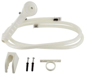 Picture of Shower Head; Hand-Held With 60 Inch Vinyl Hose; For Interior/ Exterior Shower; With Single Function Spray Setting; With Trickle Shut-Off; White; Plastic Part# 28614 PF276024