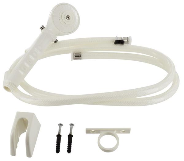 Picture of Shower Head; Hand-Held With 60 Inch Vinyl Hose; For Interior/ Exterior Shower; With Single Function Spray Setting; With Trickle Shut-Off; White; Plastic Part# 28614 PF276024