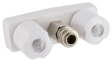 Picture of Exterior Spray Port; Spray-Away ™; Faucet Type With Hot/ Cold Outlet And Quick Connect Valve; 3-3/8 Inch Center; 2 White Knob Handle; Plastic Compression Valve; White Part# 28737 PF213246