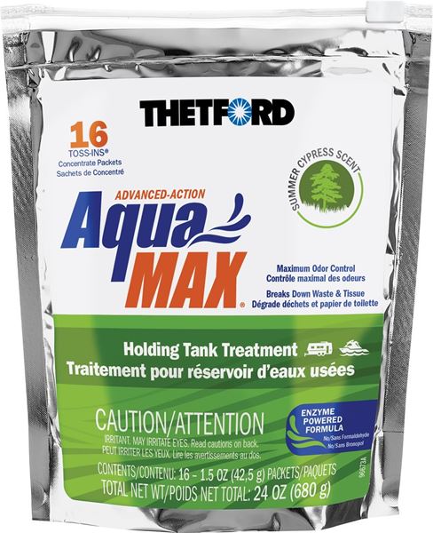 Picture of Waste Holding Tank Treatment; AquaMax®; Biological Treatment Used To Break Down Waste And Tissue; Treats 40 Gallon Holding Tank; 1.5 Ounce Toss-Ins® Individual Dose Pouches; Bag Of 16 Treatments Part# 03-5437 96670
