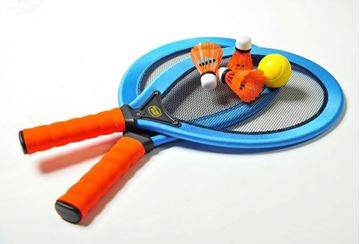 Picture of Outdoor Game; Free Style Racket Set; For Ages 3 And Up; 2 Players; Two Rackets/ One Bird/ 5 Inch Tennis Balls/ One Foam Ball/ One Inflatable/ One Pump/ Travel Bag  Part #30-2352