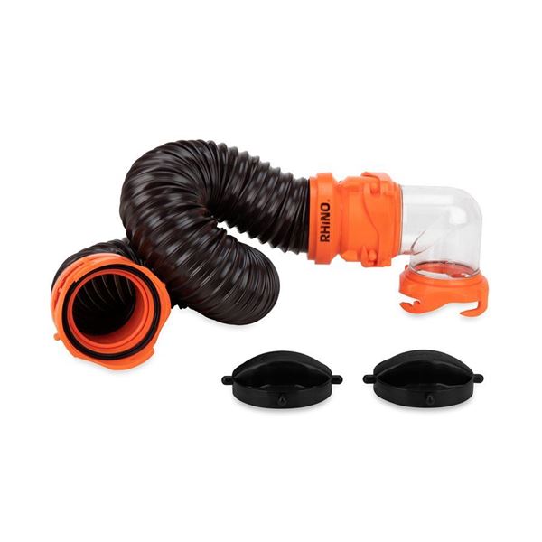 Picture of Sewer Hose; RhinoFLEX ™; Tote Tank Hose Kit; 3 Foot Length; 23 Mils Polyolefin Reinforced With Steel Wire; Black With Orange Fittings; With Hose/ Bayonet Fitting/ 90 Degree Tank Adapter and Caps Part# 20618 39768