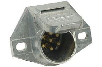 Picture of Trailer Wiring Connector; Vehicle Side; 7-Way Round Socket; 6 To 28 Volts; 40 Amps; Die Cast Housing With 2 Hole Mount/ Solid Pins Part# 10212 11-720 
