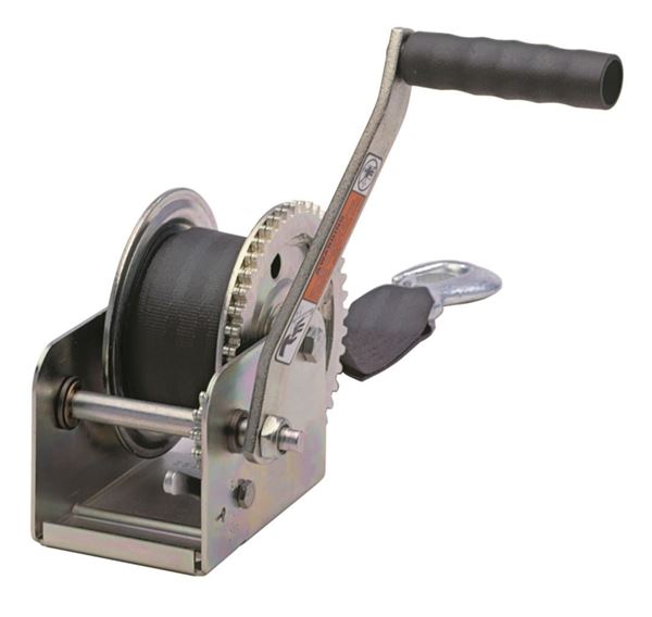 Picture of Trailer Boat Winch; Standard Duty; Hand Operated; 1100 Pound Line Pull Capacity; 2 Inch Width x 15 Foot Length Polyester Strap With Snap Hook; 7 Inch Handle Length Part# 15191
